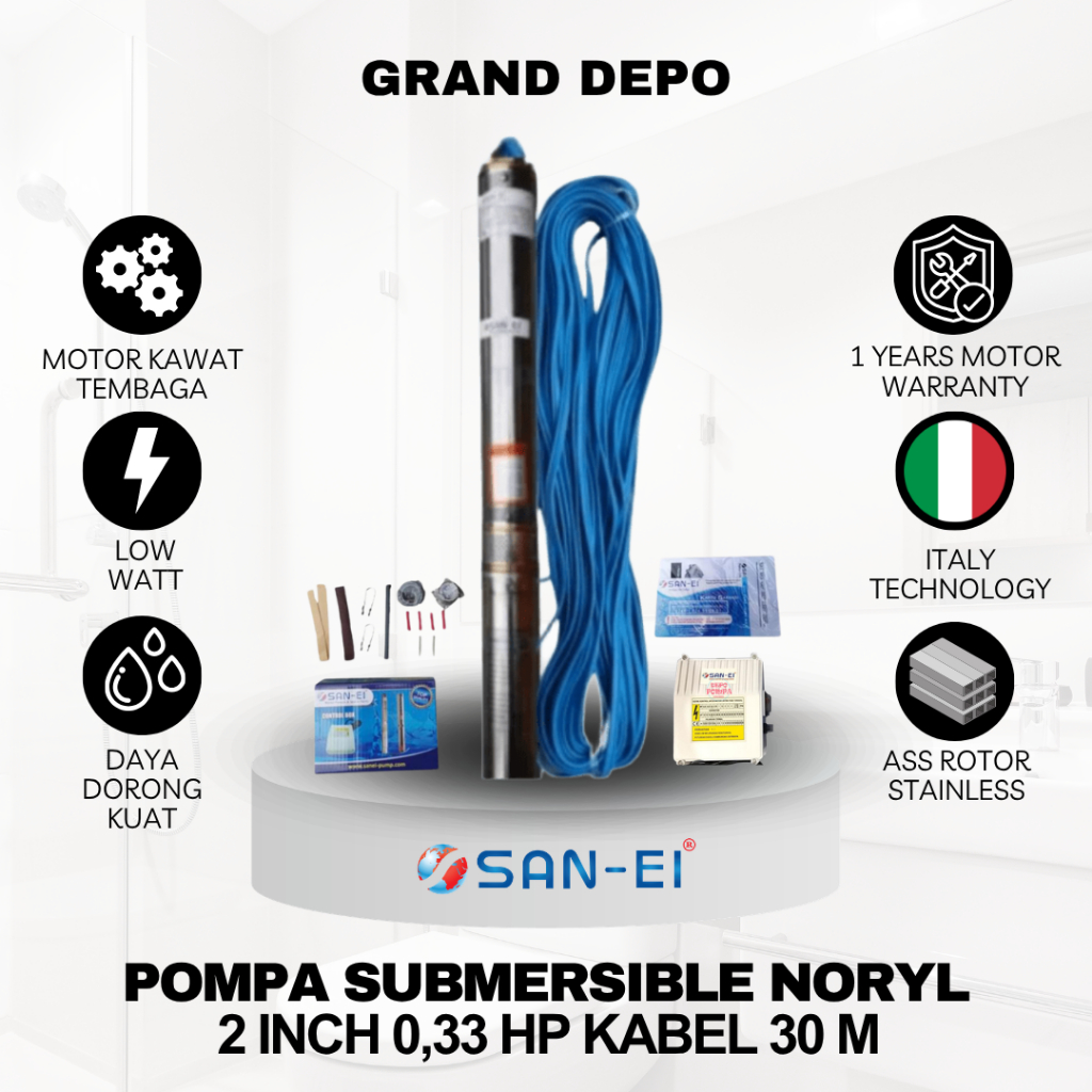 San Ei Pompa Air Satelit 2 inch 0.33 HP + Kabel 30 Meter Noryl / Pompa Submersible San Ei