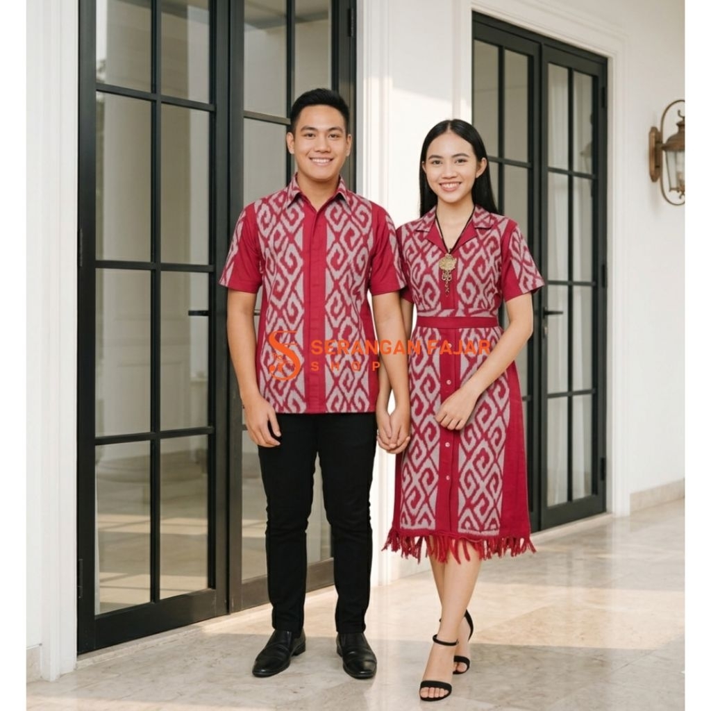 COUPLE DRESS TENUN ETNIK TORAJA MERAH - BAJU NATAL PASANGAN TENUN - DRESS TENUN TROSO NATAL - DRESS 