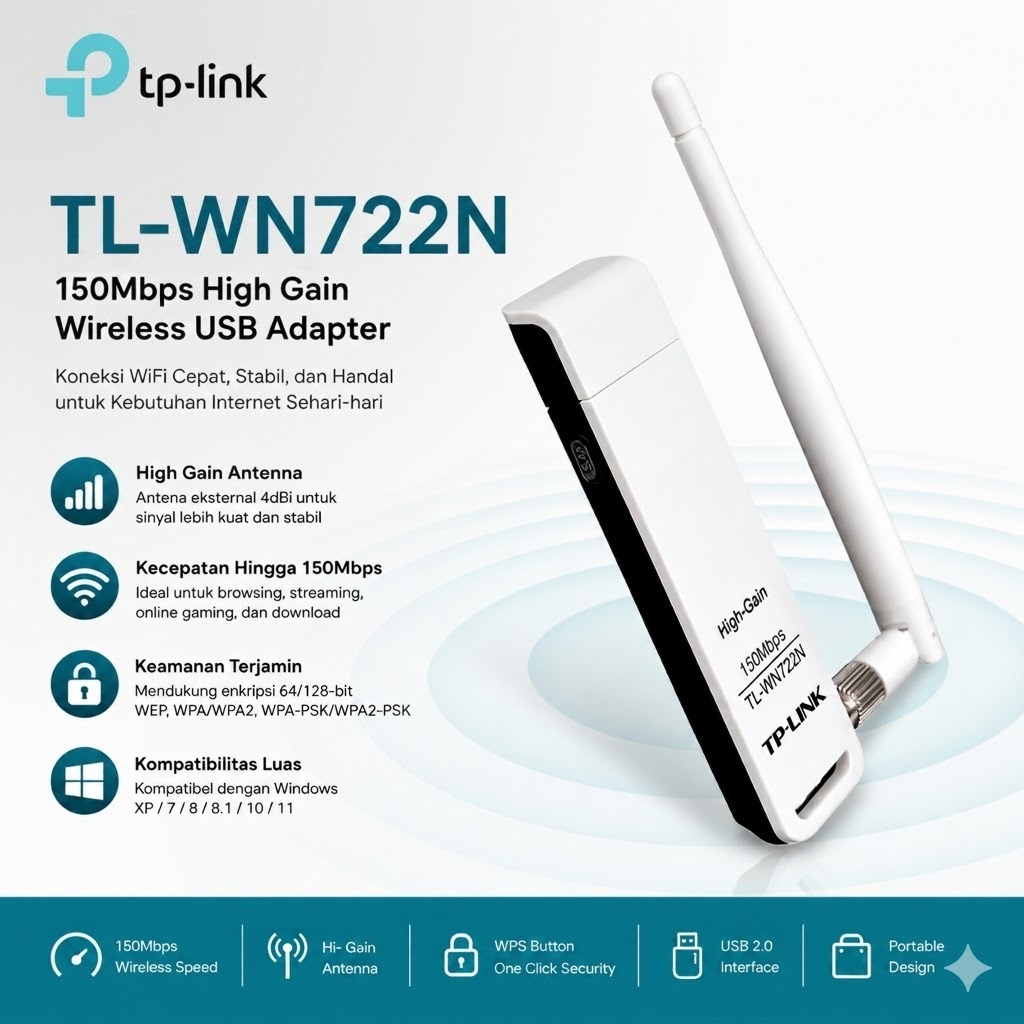 TP-LINK TL-WN722N 150Mbps High Gain Wireless USB Adapter WiFi untuk PC Laptop Antena Sinyal Kuat