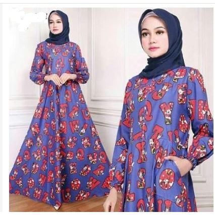 Baju wanita gamis daster dress motih micky warna biru