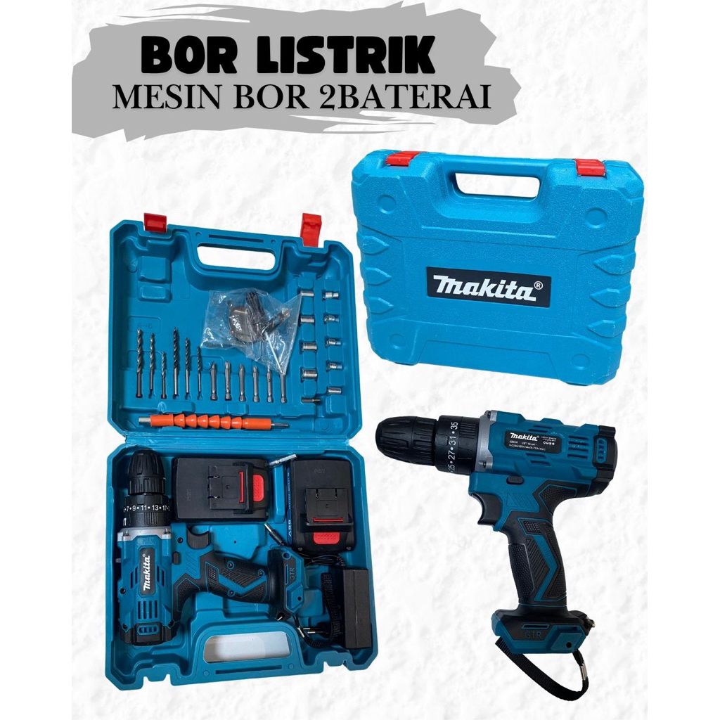 MESIN BOR MAKITA Bor Listrik Cordless 2 Baterai Set Lengkap + Box | Mesin Bor Cas Multifungsi