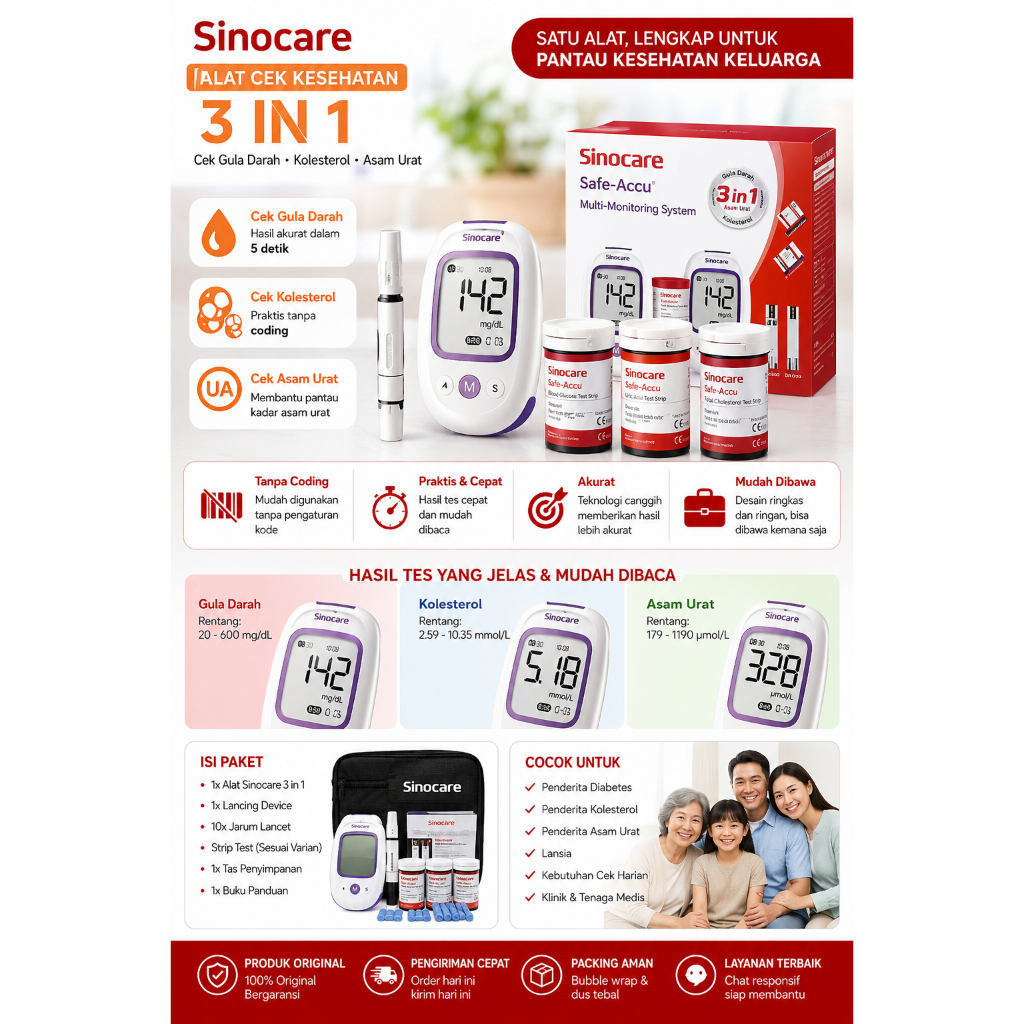 SINOCARE M101 GCU 3in1 Alat Tes Gula Darah Kolesterol Asam Urat No Coding Layar Digital Original