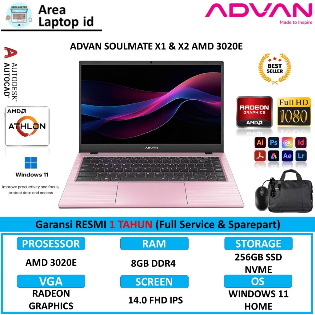 ADVAN Soulmate X 14 Inch FHD AMD 3020e Ram 8GB 256GB Dapat Diupgrade Desain Ramping & Elegan Include