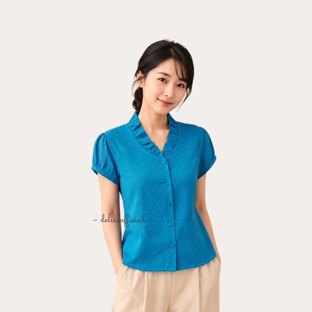 [Preloved] 008 Dory Top | Baju Atasan Kemeja Wanita Lengan Pendek Katun Biru