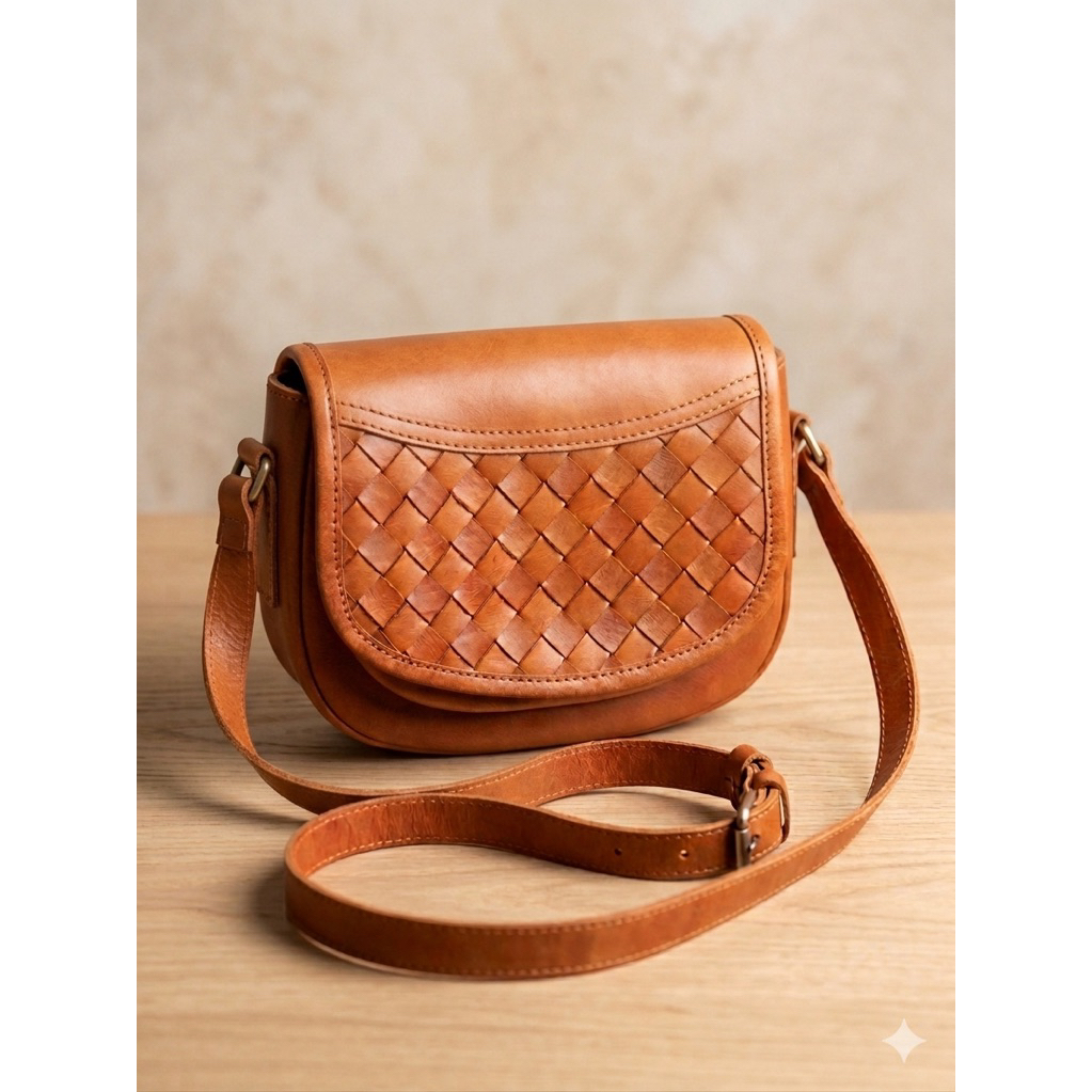 Tas kulit anyaman oval tali panjang