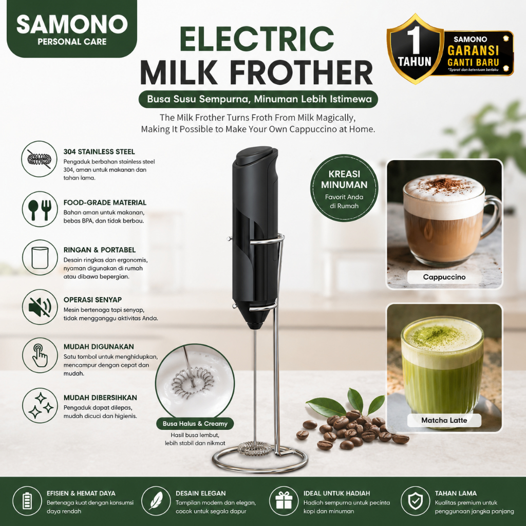 SAMONO Pengocok Susu Milk Frother Mixer Portable Foam Kopi Susu Latte , tanpa kabel & ringan, Kecepa