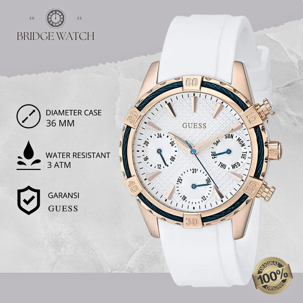 Jam Tangan Wanita Guess Catalina W0562L1 Chronograph Rubber Putih Casual Mewah Original