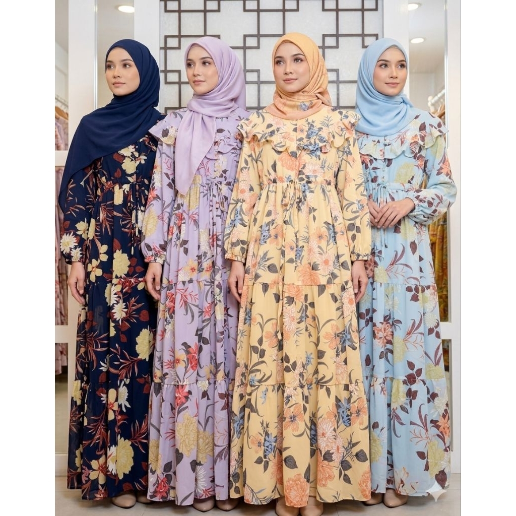 Maxi Yuna Flower gamis ceruty 1620-D Smoke Premium