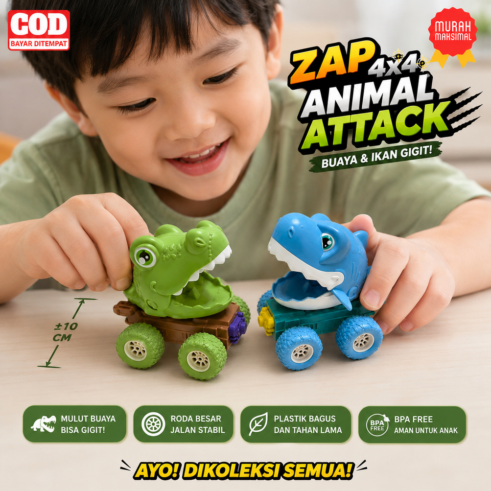 Mainan Anak Mobil Zap Push Toy Monster Truck Animal Ban Karet Buaya Shark Hiu