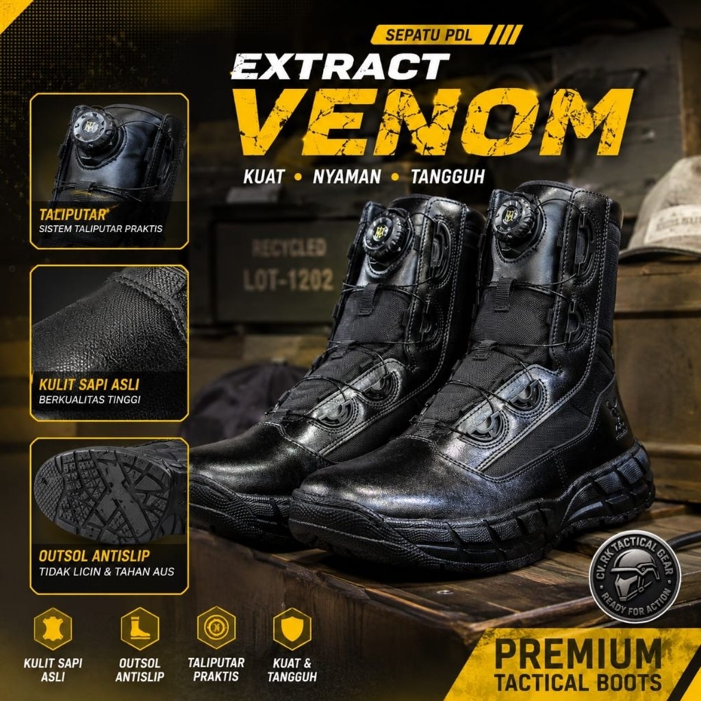 (ORIGINAL) PDL Tactical Venom EXTRACT – Sepatu TNI Polri Tali Putar Anti Slip Premium,nyaman dan ant