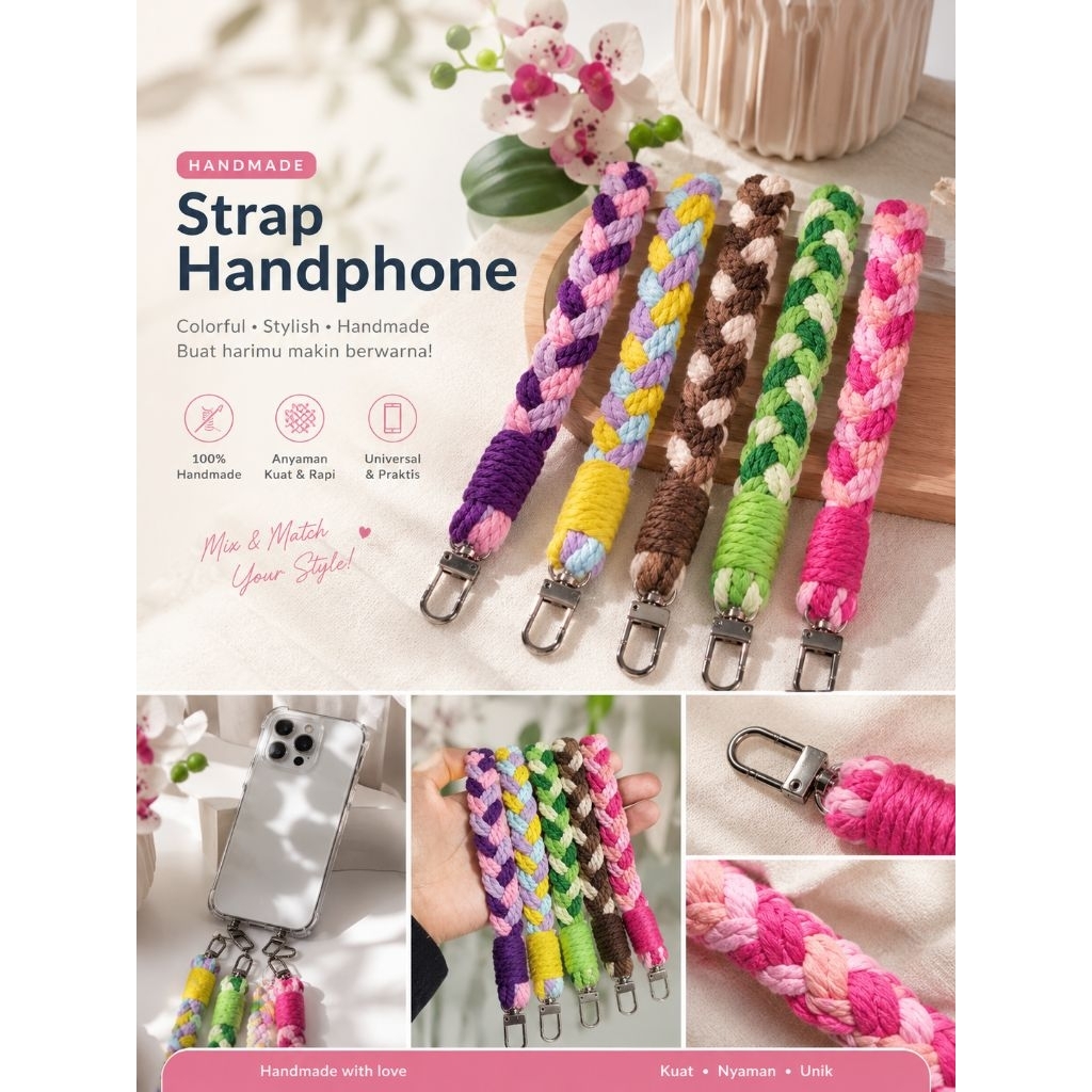 Strap Handphone Macrame Handmade | Tali HP Anyam Estetik Warna Pastel | Phone Strap Unik & Kuat