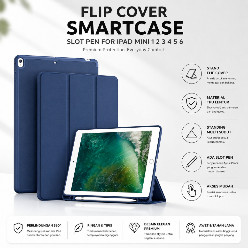 iPad Mini 5 6 4 3 2 1 SmartCase With Slot Pen Flip Cover Casing Standing Case