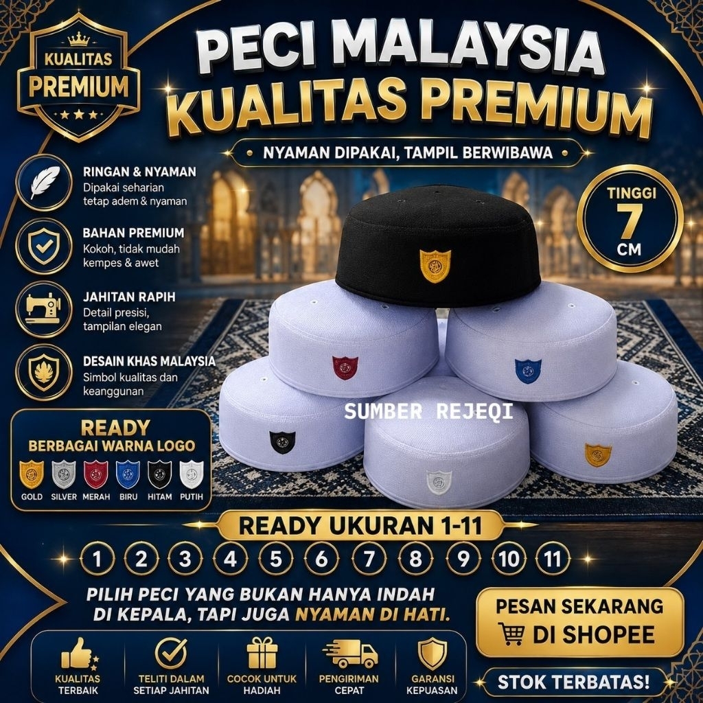 Peci Malaysia Tinggi 7 cm Songkok putih ABDUL KAREEM PUTIH KWALITAS PREMIUM no1-10 Songkok Malaysia 