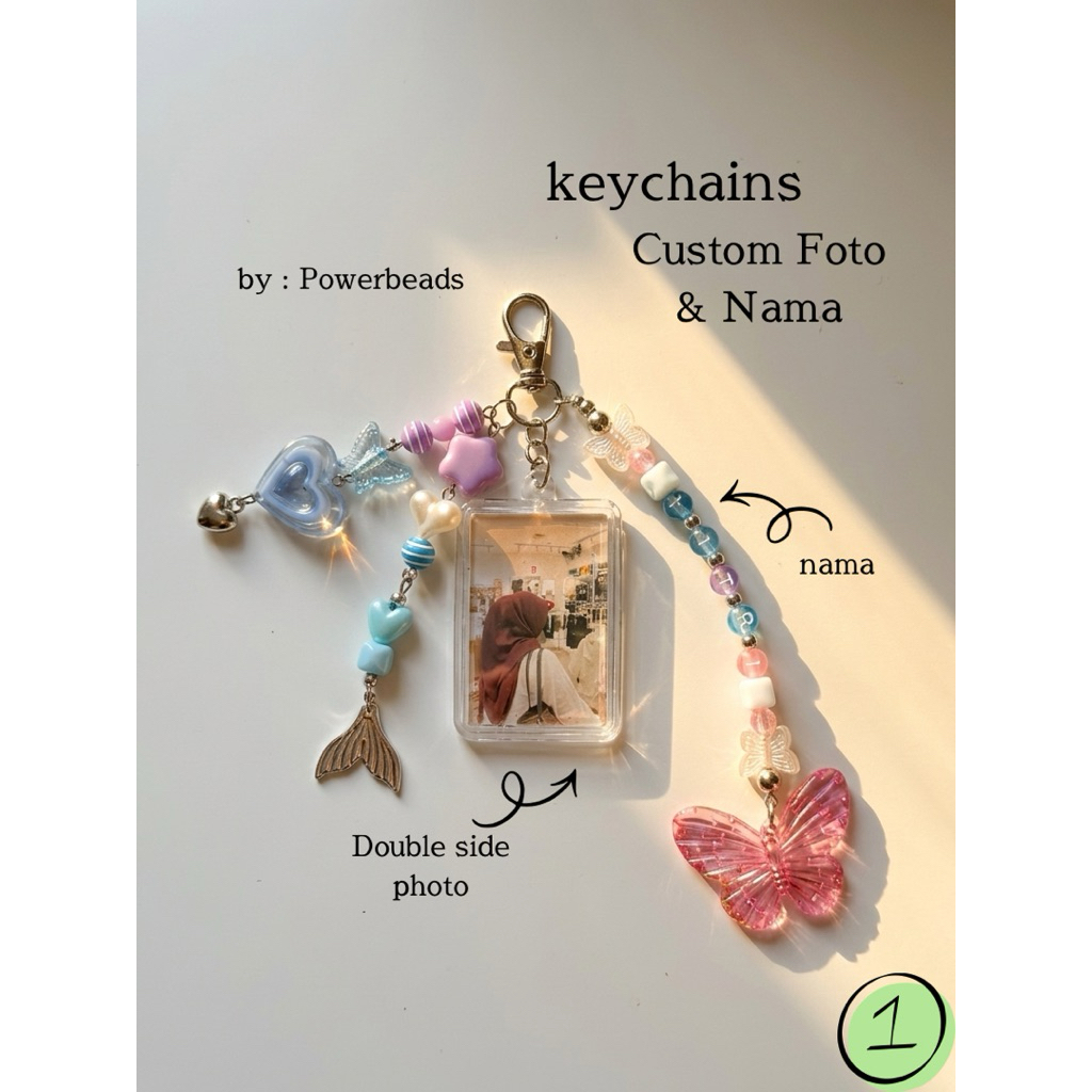 ( CUSTOM PHOTO) Keychains Beads Blue Floral Acrylic Nama
