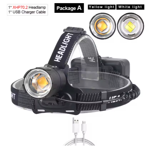 Lampu Kepala LED XHP70 Paling Terang dengan Cahaya Kuning/Putih, Dapat Diisi Ulang, Lampu Kepala unt