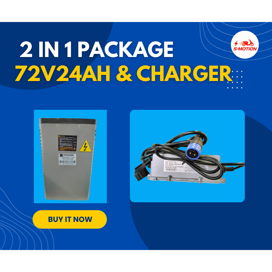 Package 2 in 1 — Baterai Lithium Phylion 72V 24Ah + Charger Original