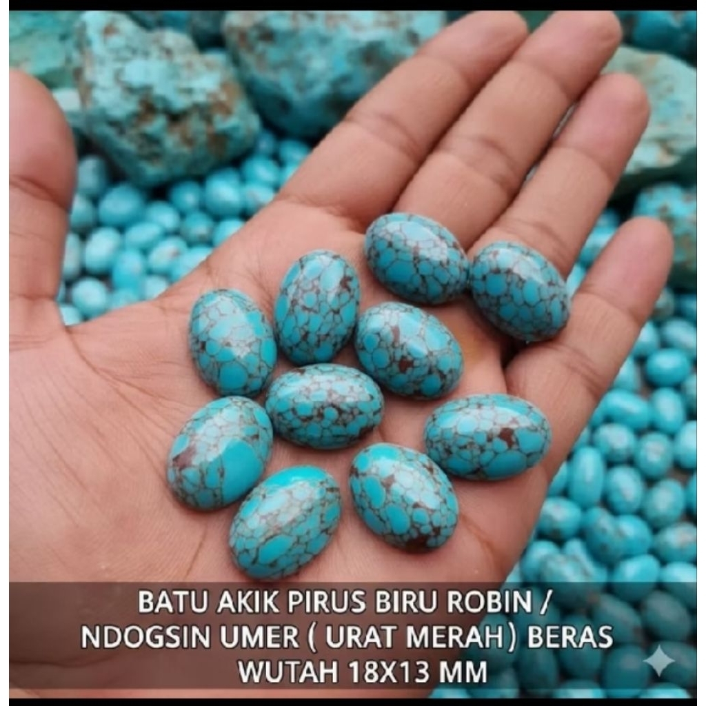 BATU AKIK LEPASAN PIRUS BIRU ROBIN/TELUR ASIN URAT MERAH 18X13 MM