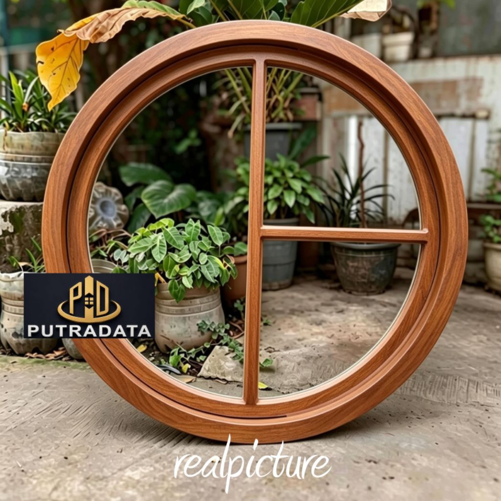 Kusen Jendela Bulat Kayu Jati Diameter 70 cm Engsel Putar Pivot Stainless
