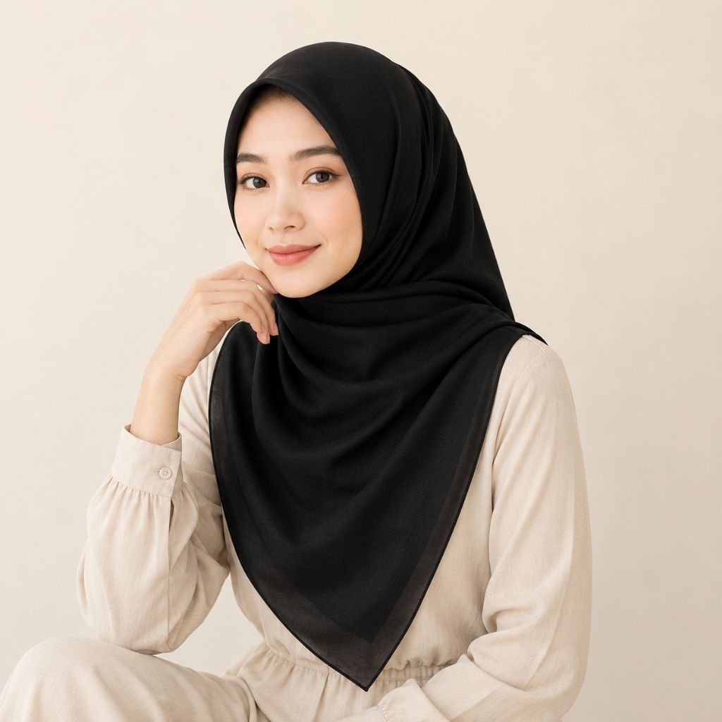 Jilbab Segi Empat Paris premium Hitam | Hijab Polos Wanita Simple