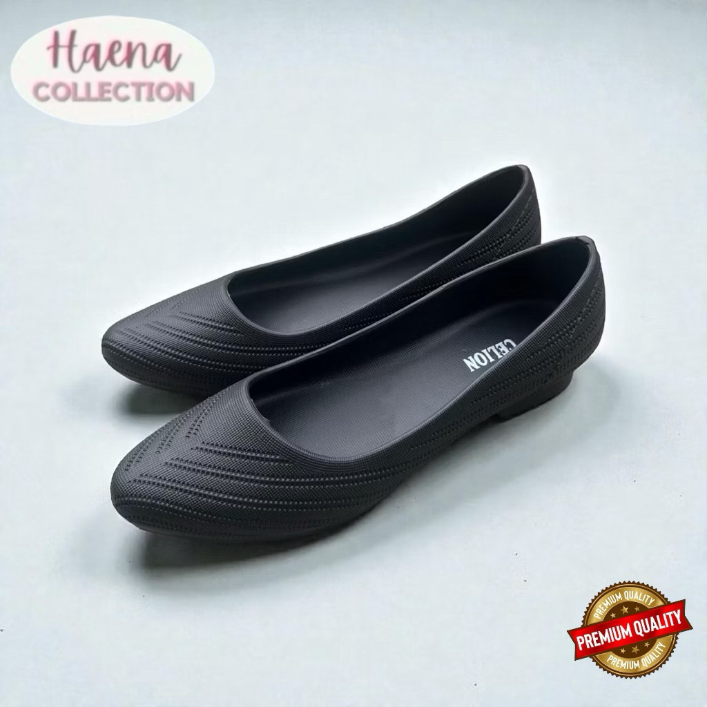 [Haena.Collection] Sandal Sepatu Flat Wanita Polos Full Black Ringan Evarubber Kekinian 1303-1H