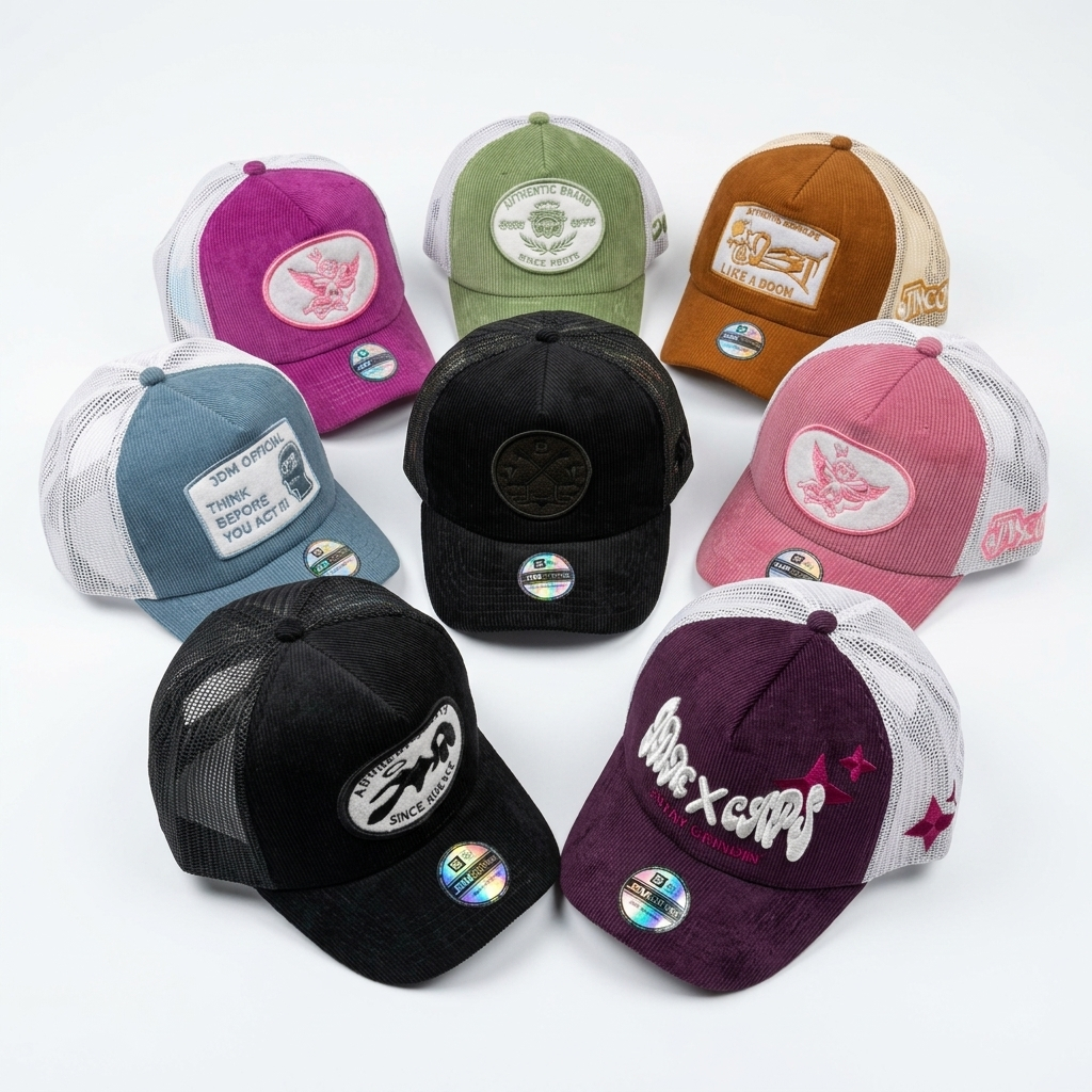 JDMCAPS - Topi Trucker Corduroy Visor Pendek Corduroy Bordir
