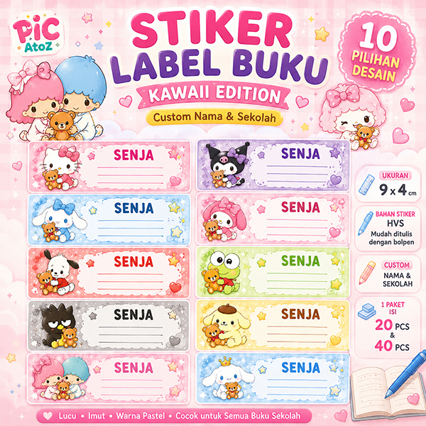 Stiker Label Nama Buku Anak Kawaii Pastel Custom Nama | Label Buku Sekolah Lucu TK SD Sanrio Style