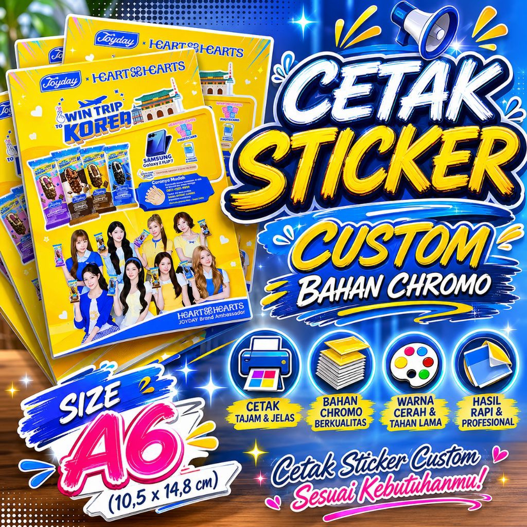 Cetak Sticker Custom Bahan Chromo size A6 Tanpa Cutting