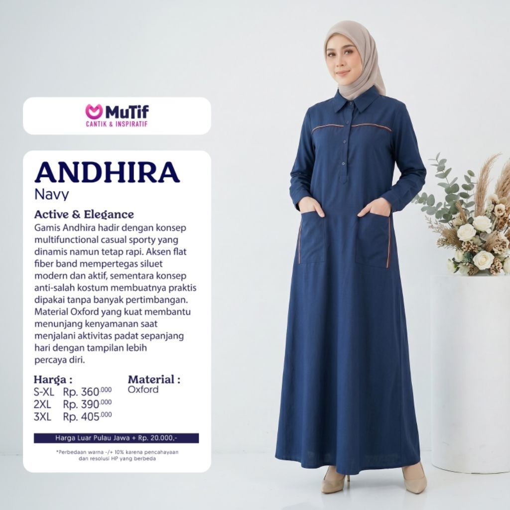Mutif Gamis Andhira Navy | Gamis Navy Berkerah Kekinian |Gamis Mutif Terbaru Elegant | Gamis Polos P