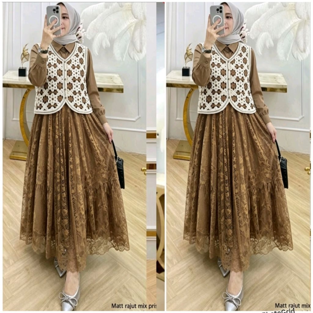 maxi dress import rajut mix brokat tile