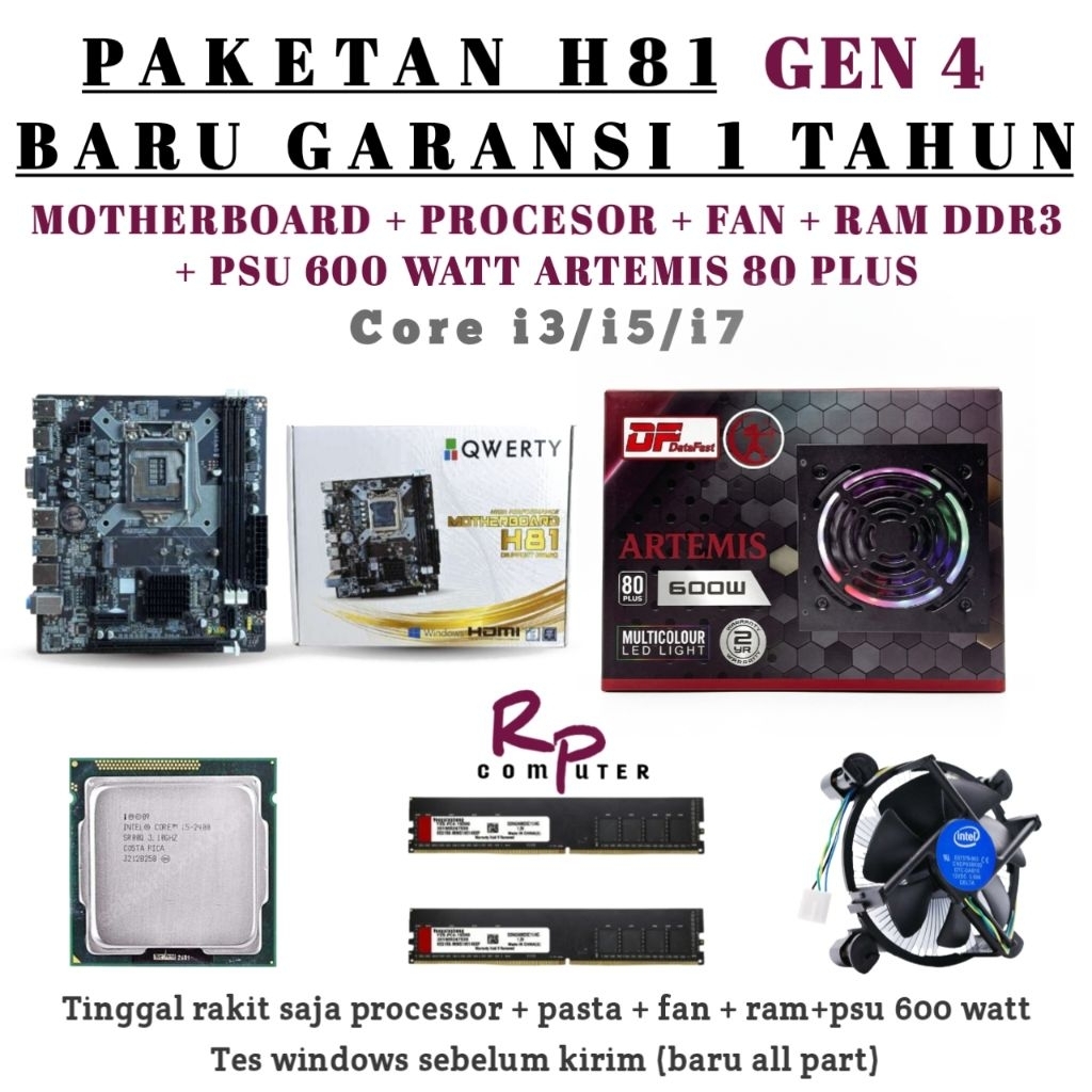 Paketan gen4 BARU core i5 / i7 + Mobo H81 QWERTY + PSU 600 WATT BARU + Ram Ddr 3 + fan Cooler (TINGG