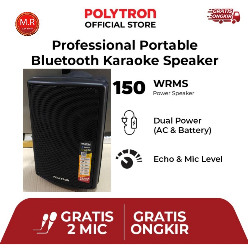 SPEAKER AKTIF 8 INC POLYTRON PORTABEL PASPRO8F3 2 MIC WIRELES GARANSI RESMI 1 TAHUN