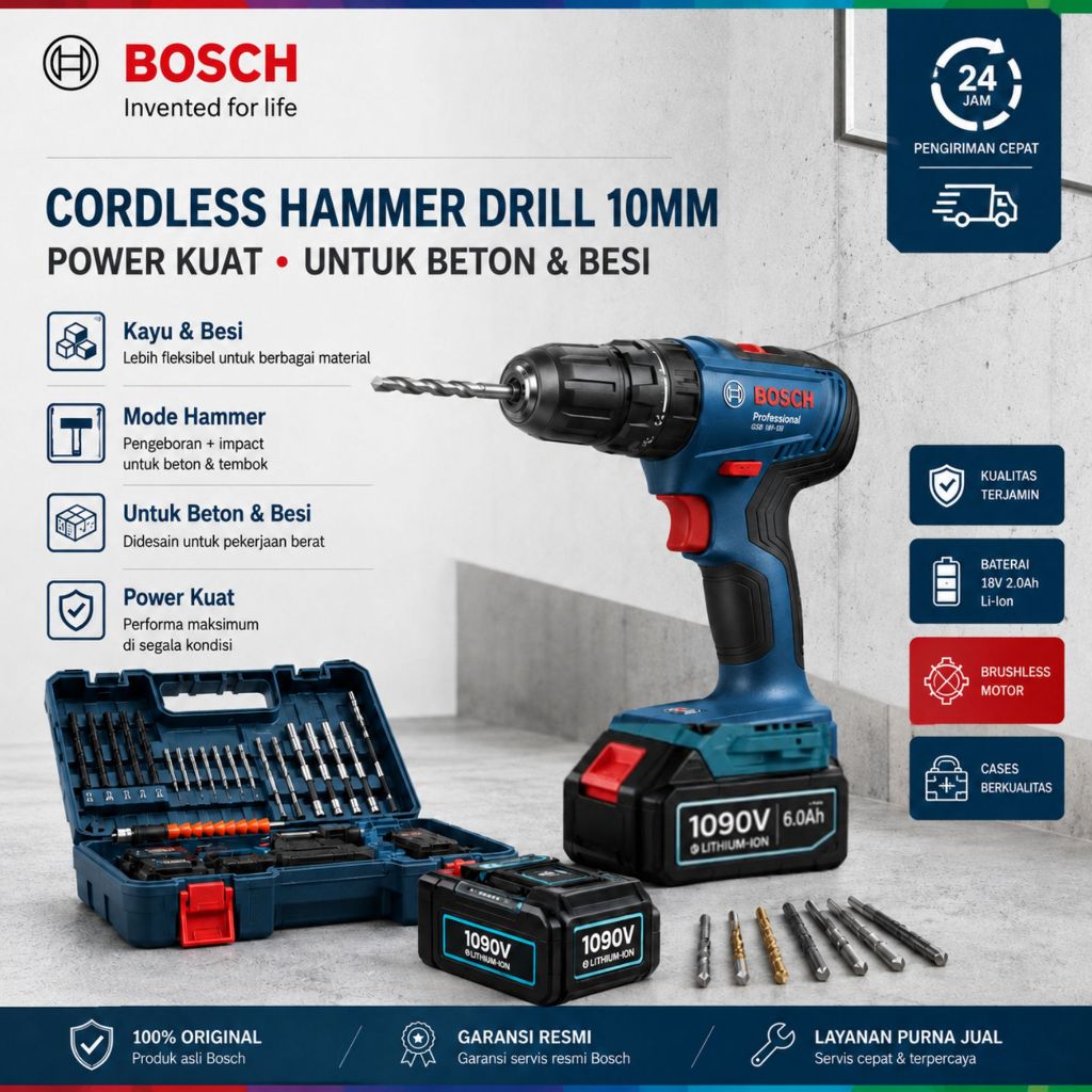 BOSCH Bor Tembok Cordless 10mm 2 Baterai | Bor Beton, Kayu, Besi | MesIn Bor Listrik Tangan + Full S