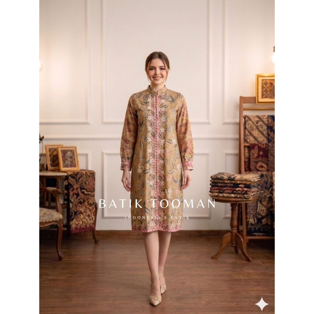 Batik Tooman MANISHA MOCCA CREAM PINK Tunik Baju Batik Atasan Wanita Bahan Katun Soft Pastel