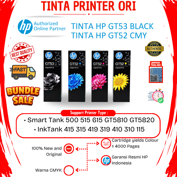 1set Paket Bundling Tinta HP GT53 & GT52 Black Colour (CMY) Original Resmi Tinta Ink Tank Printer  H