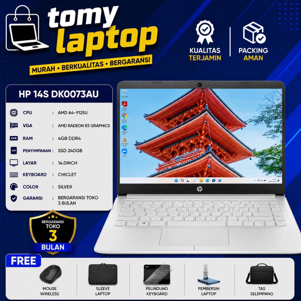LAPTOP SECOND JAMINAN GARANSI TOKO HP 14S DK0073AU AMD A4-9125U AMD RADEIN R3 GRAPHICS RAM 4GB DDR4 