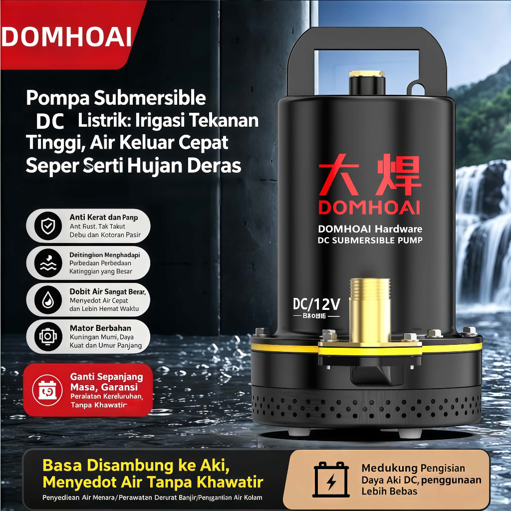 DOMHOAI Pompa Celup Air DC 180W Kotor Mata Pisau Pompa Banjir Kolam Limbah & Rumah Tangga 12-24v