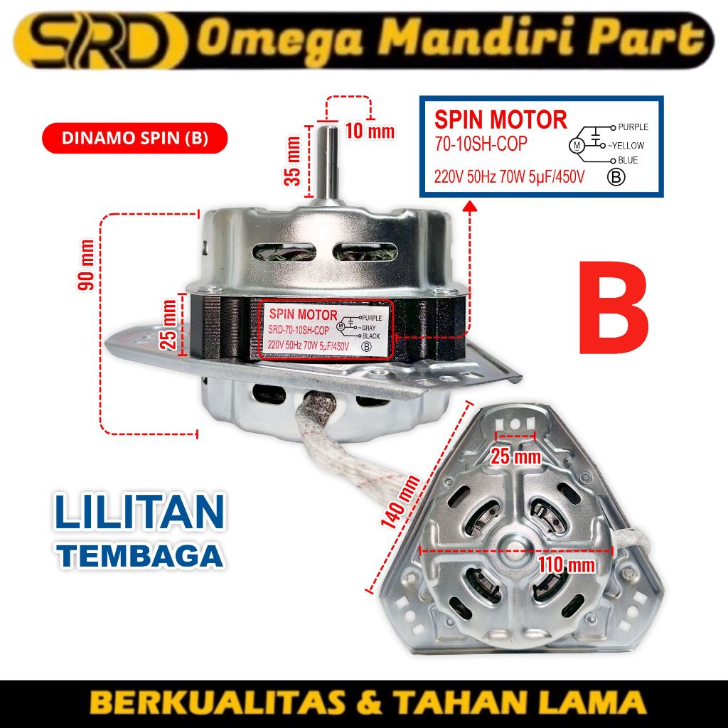 Dinamo Spin Tembaga Mesin Cuci As 10 mm, Komponen Pengering Pakaian, Model Sharp SRD-70-10SH-COP