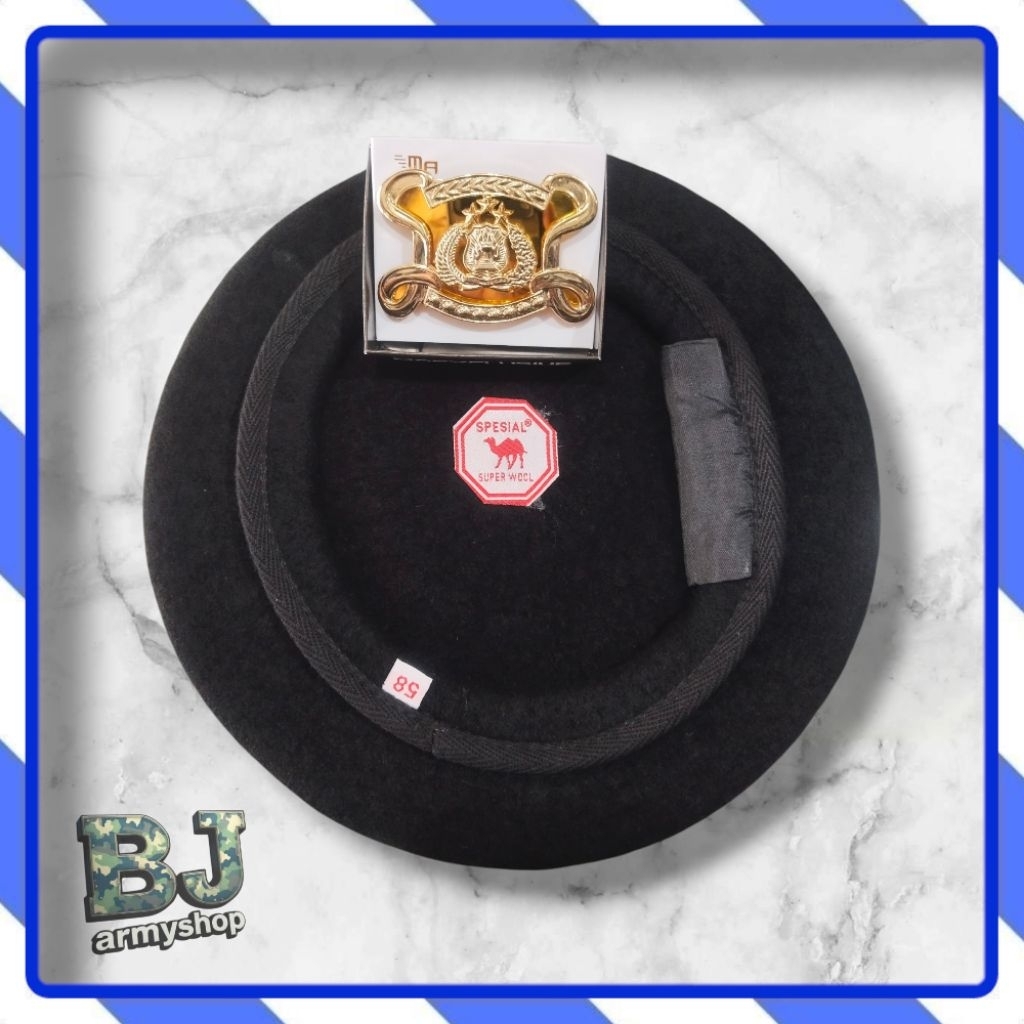 Baret hitam merek camel merah + emblem sabhara polri