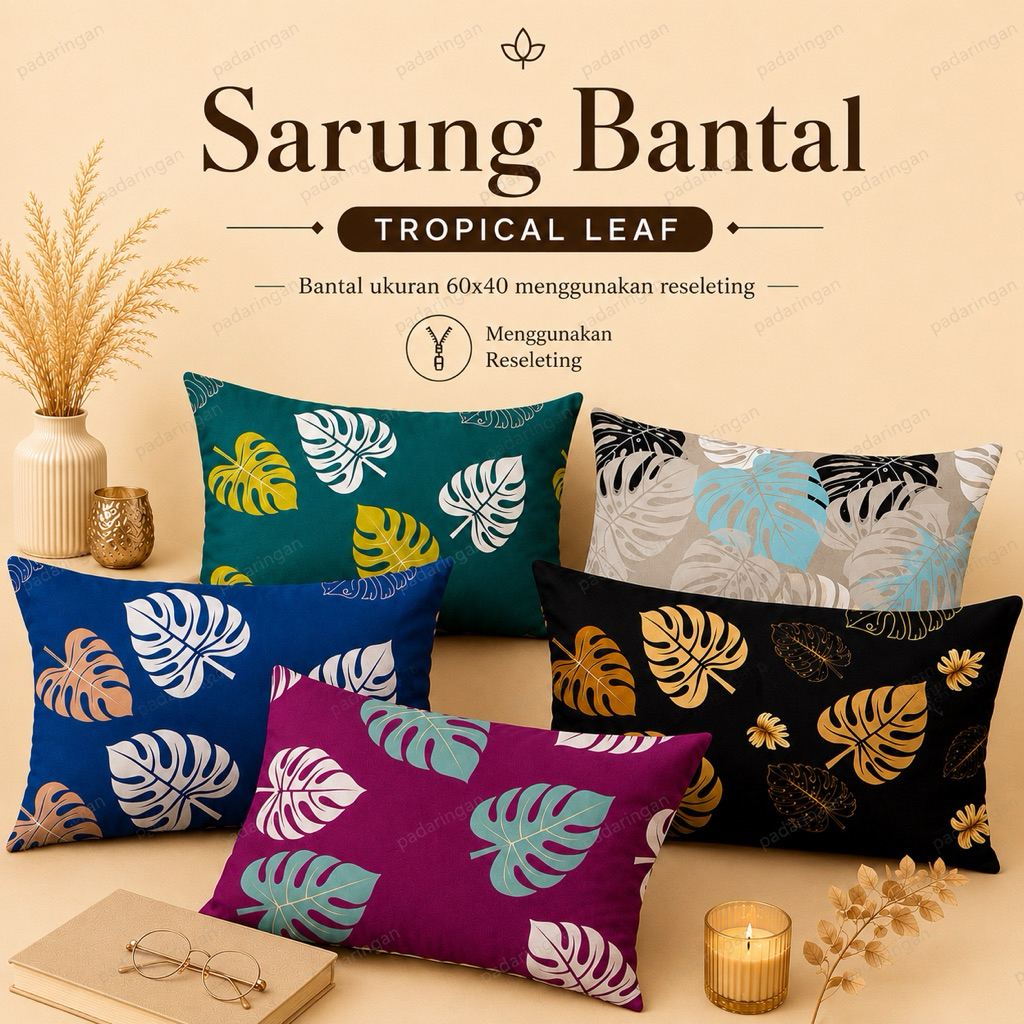 sarung bantal tidur reseleting  Motif Daun ukuran besar size 60x45cm untuk dewasa bahan lebut tidak 