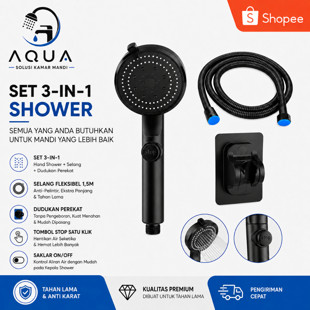 Set Shower 3 in 1 / 4 in 1 Kamar Mandi | Shower Head Boost Tekanan Air | Selang 1.5 Meter | Dudukan 