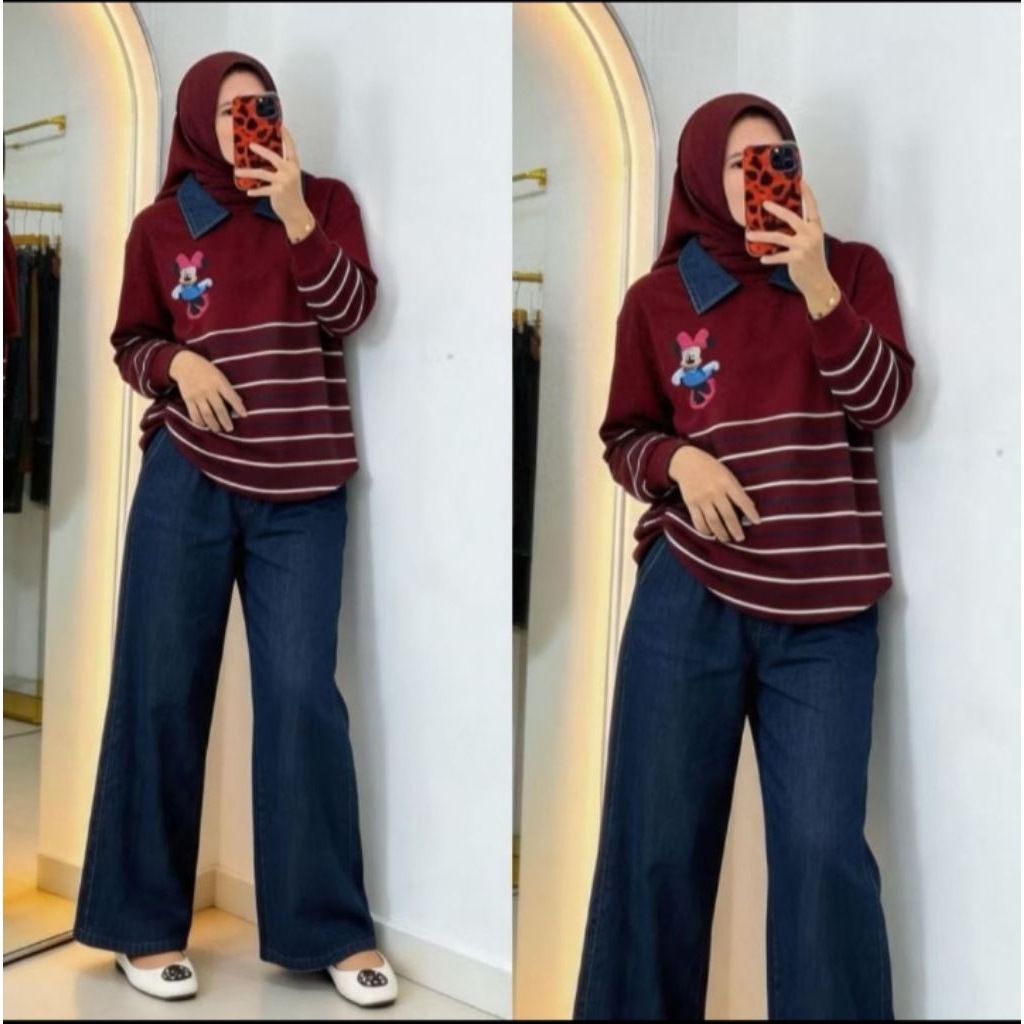 Setelan Wanita Celana Jeans Cutbray Mix Kemeja Salur Sablon Mickey - One Set Salur