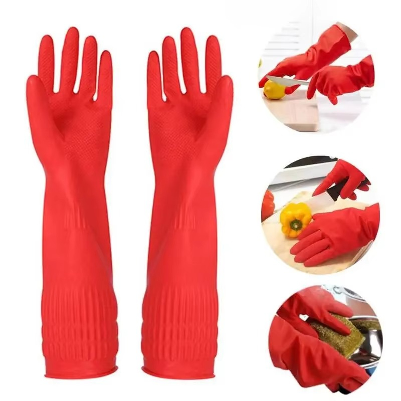 Sarung tangan karet Silikon cuci piring panjang tebal tahan air anti slip lateks Tebal merah pembersih dapur rumah tangga serbaguna toilet kamar mandi laundry kebersihan pelindung jari multifungsi waterproof glove dishwashing cleaning Premium Awet Elastis