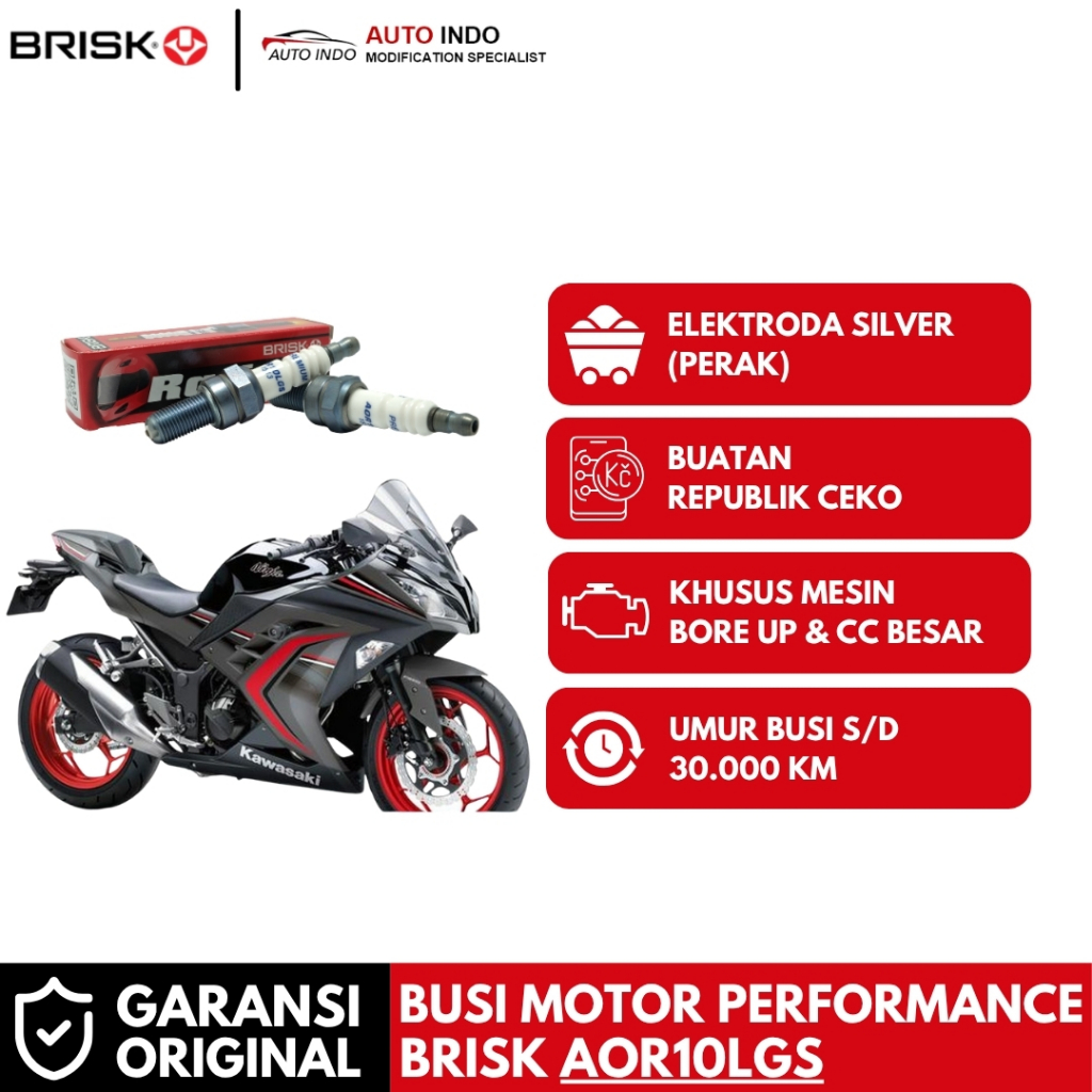 Busi Motor Brisk Premium LGS AOR10LGS untuk Kawasaki Ninja 250 Karbu | Garansi Ori BRISK