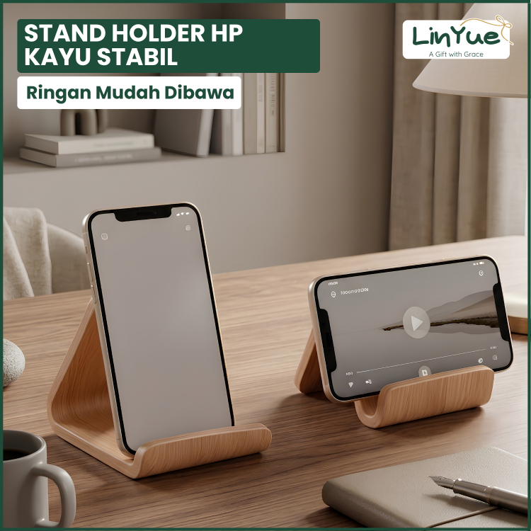 Stand Holder HP Kayu Natural Anti Slip Phone Holder Meja Dudukan HP Ponsel Estetik