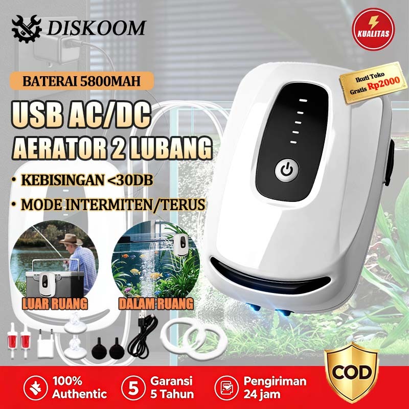 Diskoom Aerator USB AC/DC 2 Lubang USB Silent Air Pump Pompa Pompa Udara Oksigen Pompa Celup Aquariu