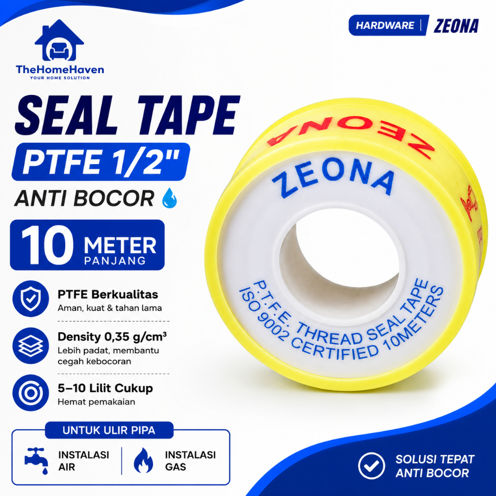 Seal Tape PTFE 1/2" Anti Bocor 10 Meter | Seal Drat Pipa Air Gas | Teflon Tape Ulir PTFE