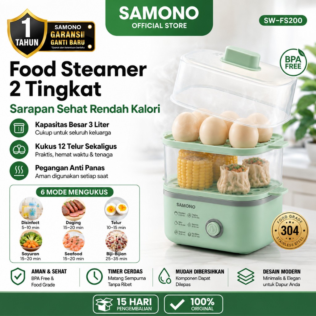 SAMONO Food Steamer FS200 Kukusan Elektrik 2 Tingkat 3L Multifungsi Egg Boiler Pengukus Makanan Low 