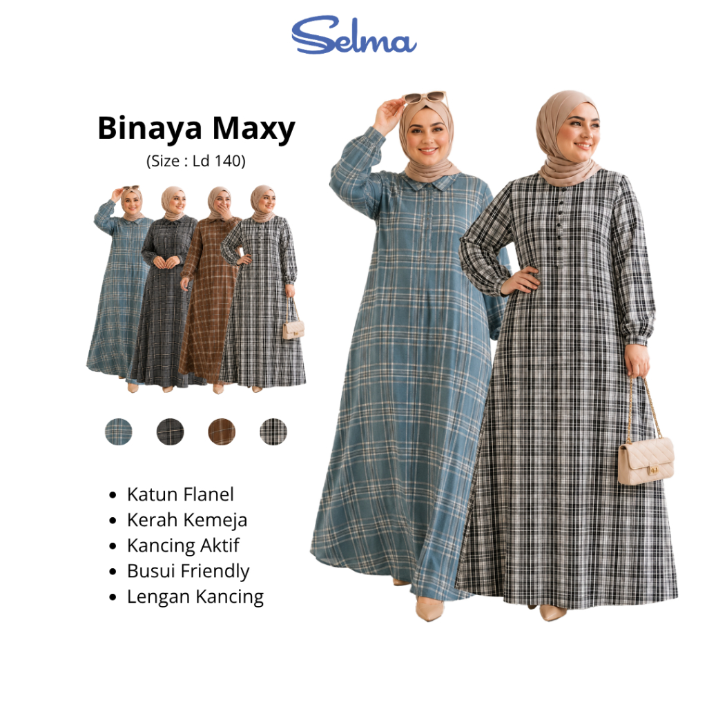 Binaya Maxy Dress&Tunik Jumbo Wanita Muslim Kotak Flanel Premium Busui Friendly Gamis A-Line  by SEL