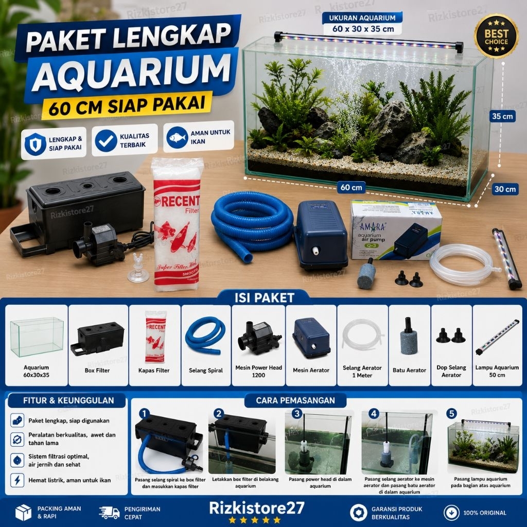 Paket Lengkap Aquarium 60 Cm Siap Pakai Fullset Aquarium Kaca 60x30x35 Box Filter Lampu LED Aerator 