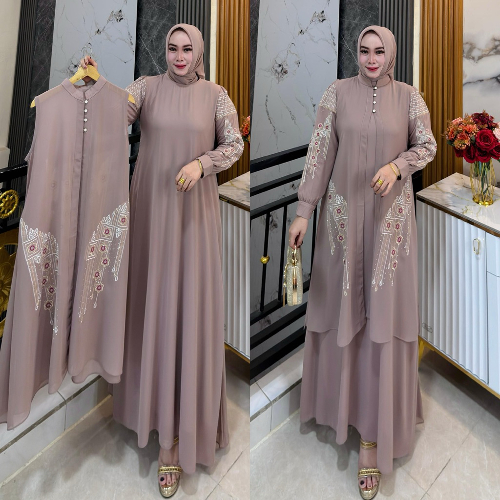 Ryansa Fashion || Gamis Premium Ceruty Babydoll Dua Layer Lepas Pasang Gratis Jilbab Full Bordir dan